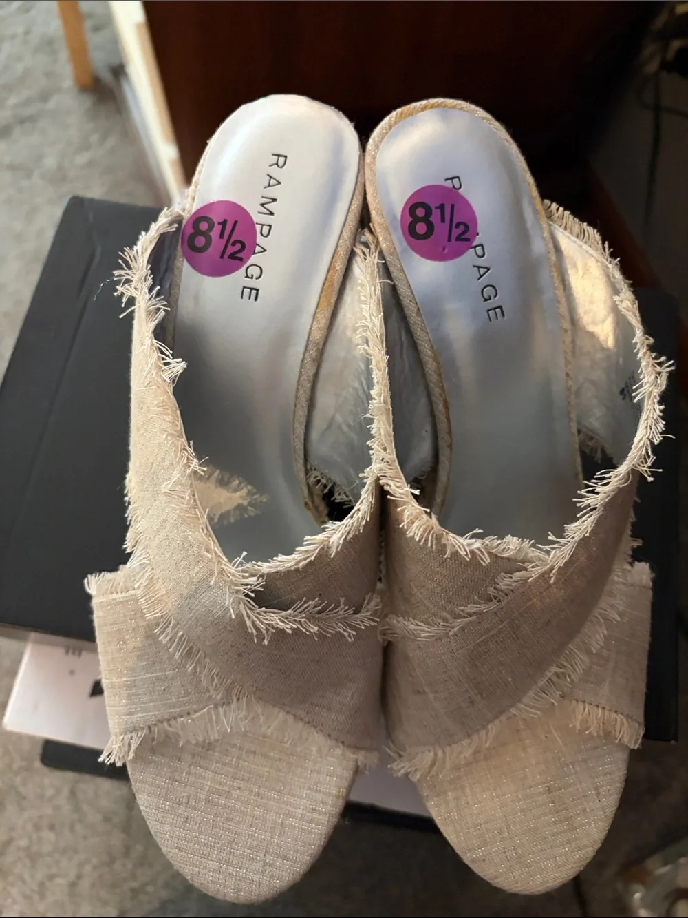 Rampage Natural Beige Frayed Crossband Wedge Mules